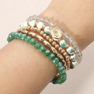 Fashnzfab 5pcs - Flower Stem Embossed Oval Charm Faceted Beaded Stretch Multi Layered Bracelets In Green