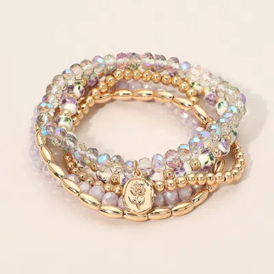 Fashnzfab 5pcs - Flower Stem Embossed Oval Charm Faceted Beaded Stretch Multi Layered Bracelets In Silver