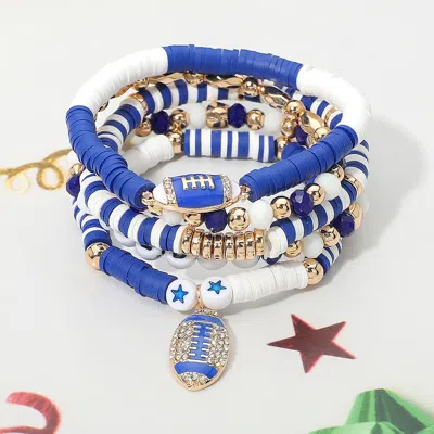 Fashnzfab 5pcs - Game Day Football Charm Heishi Faceted Beaded Stretch Multi Layered Bracelets In Blue