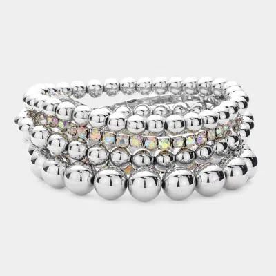 Fashnzfab 5pcs - Metal Ball Stone Cluster Stretch Multi Layered Bracelets