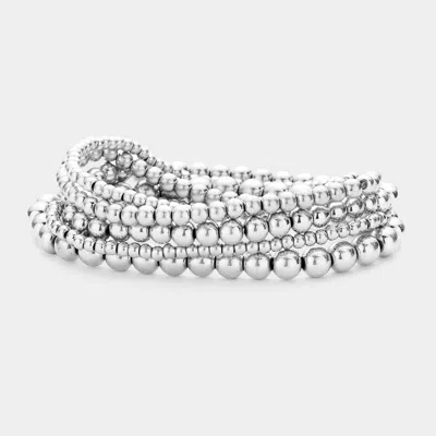 Fashnzfab 5pcs - Metal Ball Stretch Bracelets Rhodium In Silver