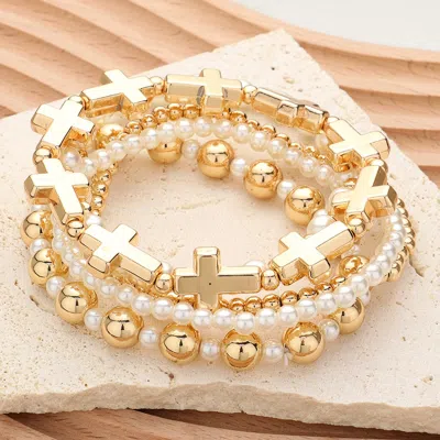 Fashnzfab 5pcs - Metal Cross Pearl Beaded Stretch Multi Layered Bracelets - Cream, Gold In Silver