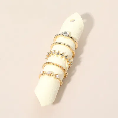 Fashnzfab 5pcs - Mixed Texture Teardrop Stone Pearl Accent Stackable Ring Set In Gold