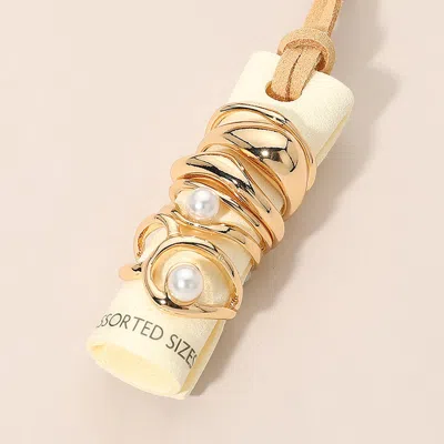 Fashnzfab 5pcs - Modern Pearl Accent Stackable Ring Set In Gold