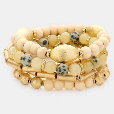 Fashnzfab 5pcs - Natural Stone Wood Beaded Stretch Bracelets Black, Neutral In Silver