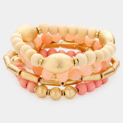Fashnzfab 5pcs - Natural Stone Wood Beaded Stretch Bracelets Dust Pink
