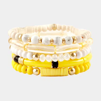 Fashnzfab 5pcs - Natural Stone Wood Resin Beaded Stretch Bracelets Yellow In Silver
