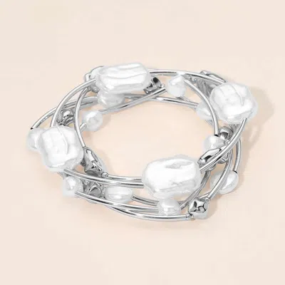 Fashnzfab 5pcs - Organic Pearl Metal Pebble Bar Beaded Stretch Multi Layered Bracelets In Gray