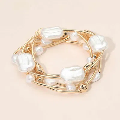 Fashnzfab 5pcs - Organic Pearl Metal Pebble Bar Beaded Stretch Multi Layered Bracelets In Silver