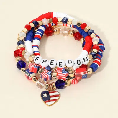 Fashnzfab 5pcs - Patriotic Charm Freedom Message American Usa Flag Star Heart Beaded Stretch Multi Layered Bra In Blue