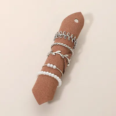 Fashnzfab 5pcs - Pearl Beaded Stretch Leaf Vine Twisted Band Stackable Ring Set In Silver