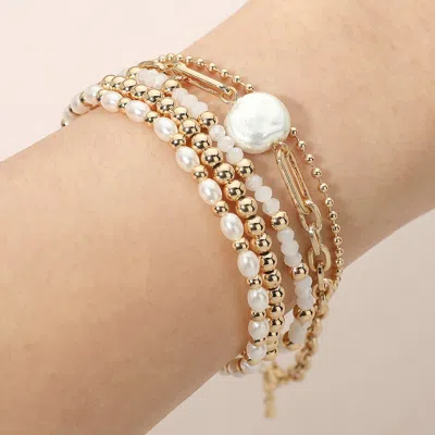 Fashnzfab 5pcs - Pearl Disc Accent Link Chain Metal Ball Pearl Beaded Stretch Multi Layered Bracelets In Gold