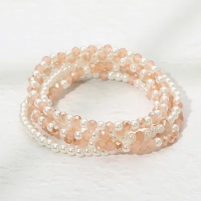 Fashnzfab 5pcs - Pearl Faceted Beaded Stretch Multi Layered Bracelets In Pink