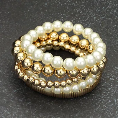 Fashnzfab 5pcs - Pearl Metal Ball Beaded Snake Stretch Multi Layered Bracelets - Cream, Gold In Silver