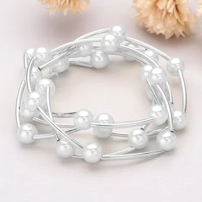 Fashnzfab 5pcs - Pearl Station Stretch Multi Layered Bracelets Rhodium, White In Silver