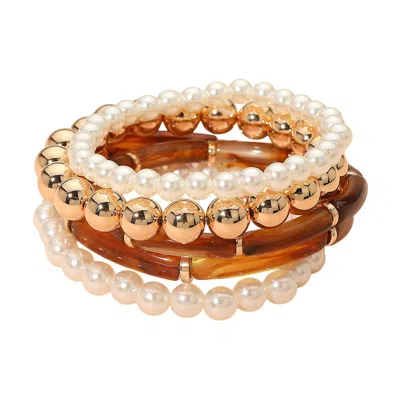 Fashnzfab 5pcs - Resin Bar Pearl Metal Ball Beaded Stretch Multi Layered Bracelets In Gold