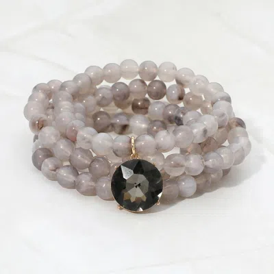 Fashnzfab 5pcs - Round Faceted Charm Marbled Resin Ball Beaded Stretch Multi Layered Bracelets In Gray