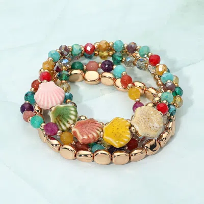 Fashnzfab 5pcs - Seashell Charm Beaded Stretch Multi Layered Bracelets In Red