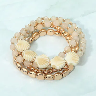Fashnzfab 5pcs - Seashell Charm Beaded Stretch Multi Layered Bracelets In Silver