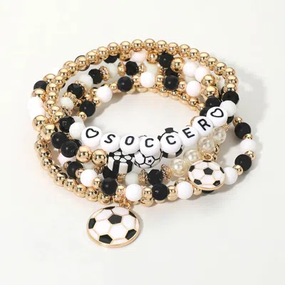 Fashnzfab 5pcs - Soccer Ball Charm Message Beaded Stretch Multi Layered Bracelets