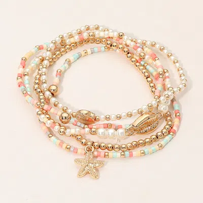 Fashnzfab 5pcs - Starfish Seashell Charm Pearl Seed Beaded Stretch Multi Layered Bracelets In Silver