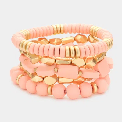 Fashnzfab 5pcs - Wood Abstract Metal Beaded Stretch Bracelets Dust Pink