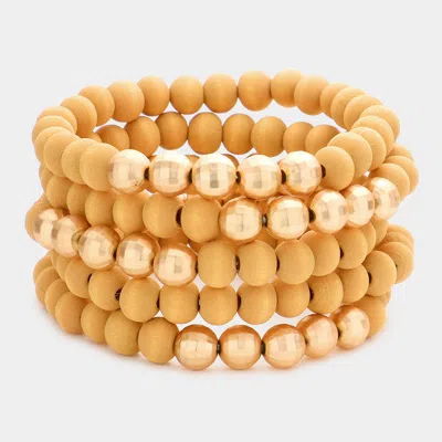 Fashnzfab 5pcs - Wood Ball Metal Beaded Stretch Bracelets In Brown