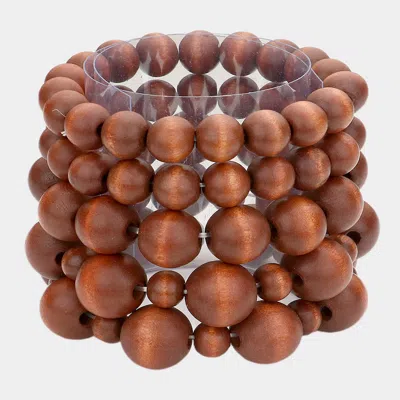 Fashnzfab 5pcs - Wood Ball Stack Stretch Bracelets Dark Brown In Gold