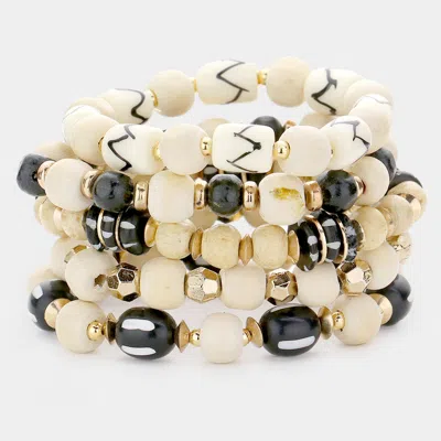 Fashnzfab 5pcs - Wood Beaded Stretch Bracelets Neutral In Black