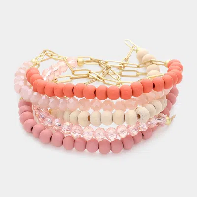 Fashnzfab 5pcs - Wood Faceted Beaded Paperclip Chain Stretch Multi Layered Bracelet In Pink