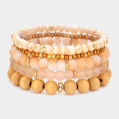 Fashnzfab 5pcs - Wood Multi Beads Multi Layered Bracelets Multi, Neutral In Pink