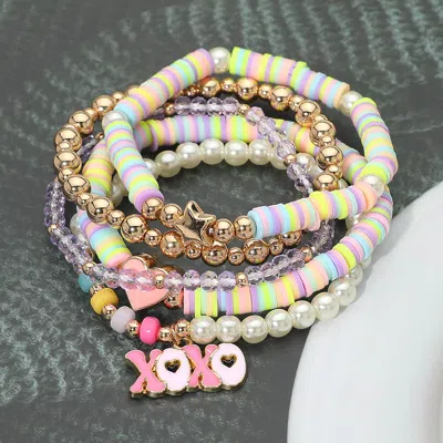 Fashnzfab 5pcs - Xoxo Charm Heart Pearl Beaded Stretch Multi Layered Bracelets In Purple