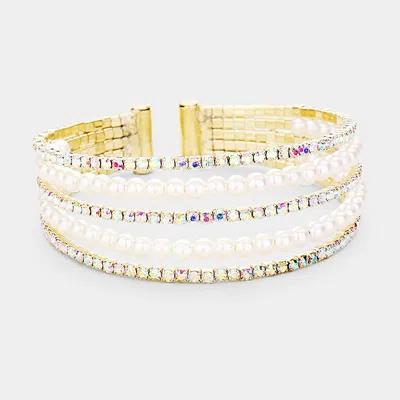 Fashnzfab 5row Crystal Pave Pearl Cuff Evening Bracelet Ab, Cream, Gold In Multi