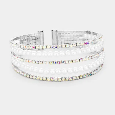 Fashnzfab 5row Crystal Pave Pearl Cuff Evening Bracelet Ab, Cream, Silver In Multi