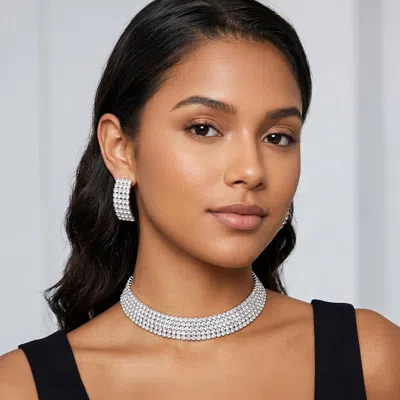 Fashnzfab 5rows Crystal Rhinestone Choker Cuff Necklace In Silver