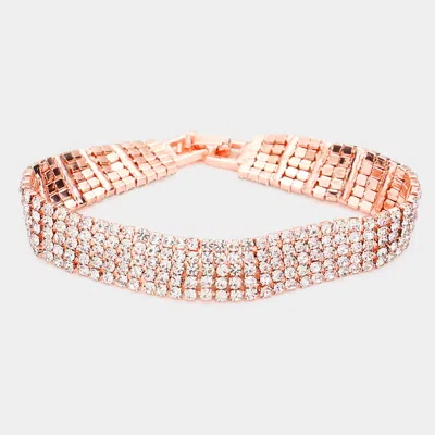 Fashnzfab 5rows Rhinestone Evening Bracelet Clear, Rose Gold In Pink