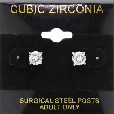 Fashnzfab 6 Mm Round Cz Stud Earrings - Clear, Silver In Metallic