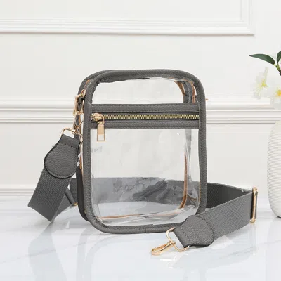 Fashnzfab 6.3" X 2.75" X 8.25" Faux Leather Transparent Rectangle Crossbody Bag In Gray