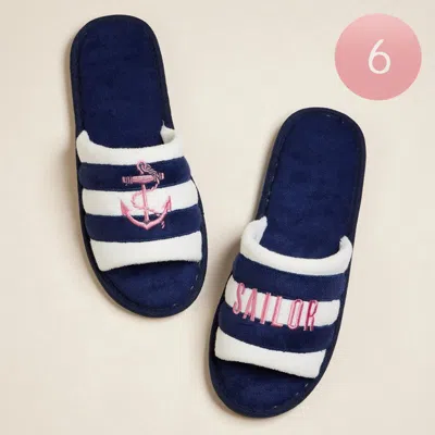 Fashnzfab 6pairs - Anchor Sailor Message Embroidered Striped Pool Side Slippers / Home Indoor Floor Slippers - In Blue