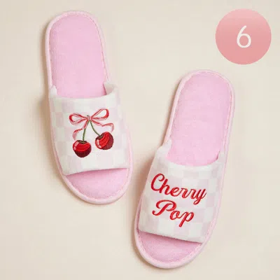 Fashnzfab 6pairs - Cherry Bow Cherry Pop Message Embroidered Checkered Home Indoor Floor Slippers - Pink