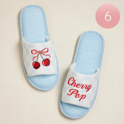 Fashnzfab 6pairs - Cherry Bow Cherry Pop Message Embroidered Checkered Pool Side Slippers / Home Indoor Floor  In Blue