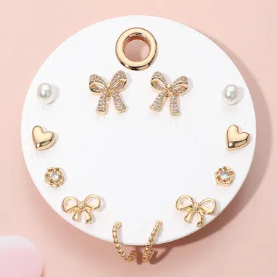 Fashnzfab 6pairs - Elegant Bow Pearl Heart Hoop Earring Set In Multi