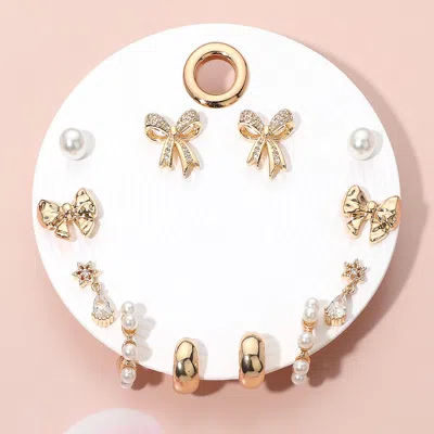 Fashnzfab 6pairs - Elegant Bow Pearl Hoop Earring Set In Gold