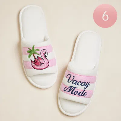 Fashnzfab 6pairs - Flamingo Vacay Mode Message Embroidered Striped Pool Side Slippers / Home Indoor Floor Slip In Pink