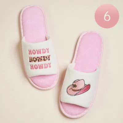 Fashnzfab 6pairs - Howdy Message Cowboy Hat Embroidered Pool Side Slippers / Home Indoor Floor Slippers - Pink