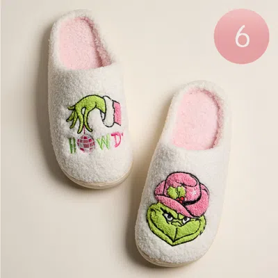 Fashnzfab 6pairs - Howdy Western Grinch Green Monster Holiday Indoor Slippers - Ivory, Pink In Multi