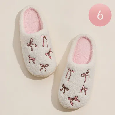Fashnzfab 6pairs - Ribbon Embroidery Patter Fuzzy Indoor Slippers - Pink In White