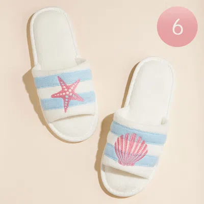 Fashnzfab 6pairs - Starfish Seashell Embroidered Striped Pool Side Slippers / Home Indoor Floor Slippers - Blu In Multi