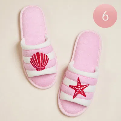 Fashnzfab 6pairs - Starfish Seashell Embroidered Striped Pool Side Slippers / Home Indoor Floor Slippers - Pin In Pink