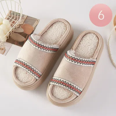 Fashnzfab 6pairs - Tribal Pattern Embroidered Plush Home Indoor Floor Slippers - Beige In Sand